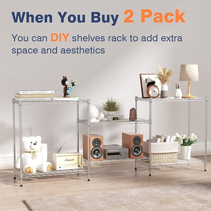 750lbs 3-Tier Wire Shelf Rack,24" Dx14 Wx22 H,Kitchen Metal 3-Shelves Rack with Lockable Wheels,Height Adjustable Wire Shelving Unit and Storage for Living Room,Laundry,Office,Pantry,Studio