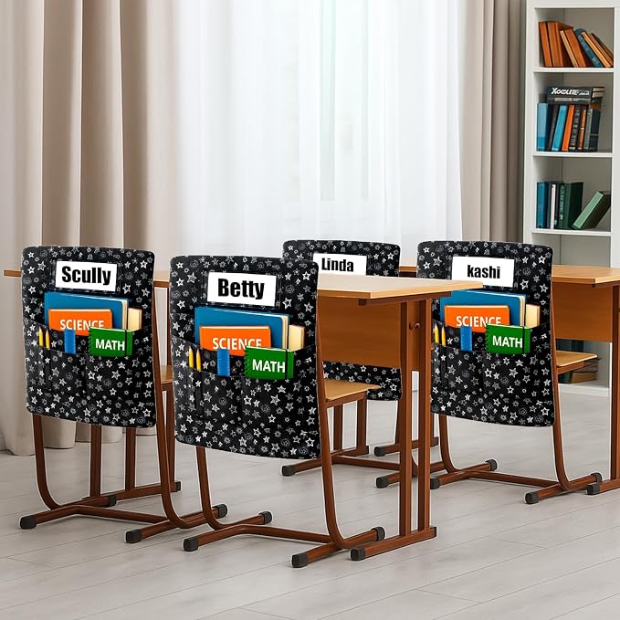 25 PCS Chair Pockets for Classroom Chairs, 15"W x 19"H Seat Sacks with 5 Pockets, Durable 600D Oxford Student Chair Bag Organizer with Name Tag Slot for K-5 Kindergarten School, Black