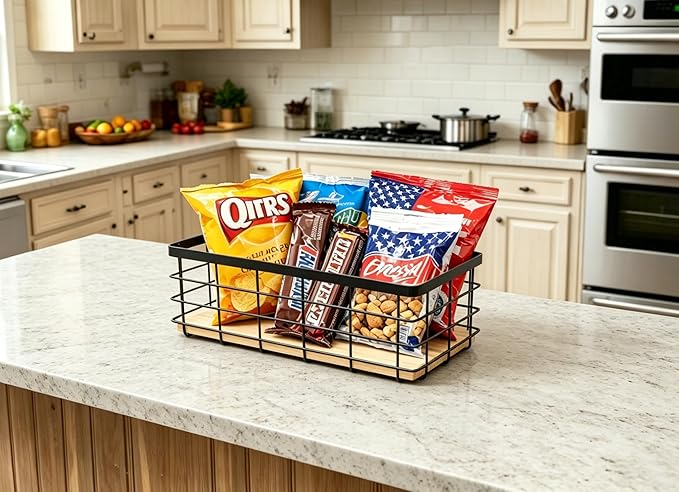 ShabbyDecor Metal Wire Basket Detachable Wood Base Storage Organizer Farmhouse Hanging Basket for Kitchen Cabinets, Bathroom, Pantry, Laundry Room,1 Pack in Black Color,Size Big
