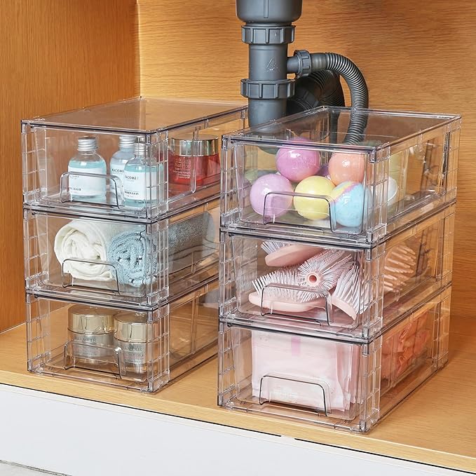 Vtopmart 6 Pack Stackable Storage Drawers,Clear Acrylic Drawer Organizers with Handles, Easily Assemble Containers for Fridge, Bathroom,Kitchen Undersink,Cabinet,Pantry Organization and Storage