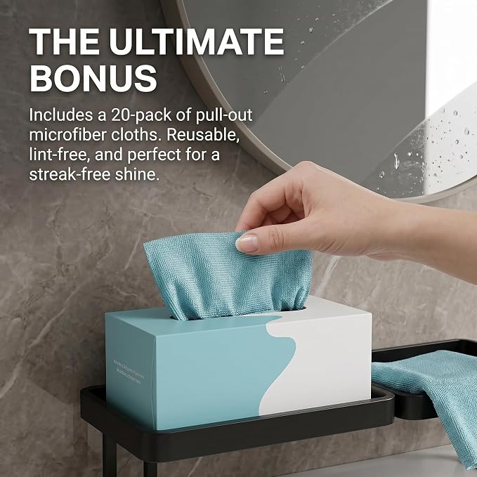 Behind The Faucet Sink Organizer with 20-Pack Pull-Out Microfiber Cloths, No-Drill U-Shaped Bathroom Countertop Shelf, Holds 10 Lbs, Quick Drain Washbasin Space Saver (Black)