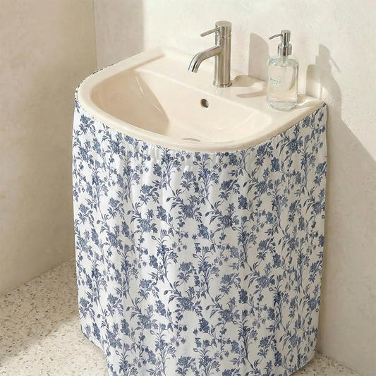 Blue Floral Sink Skirt for Bathroom, Self Stick Adhesive Waterproof Fabric, Cottagecore Under Sink Curtain Skirt, Pedestal Sink Accessories Decor