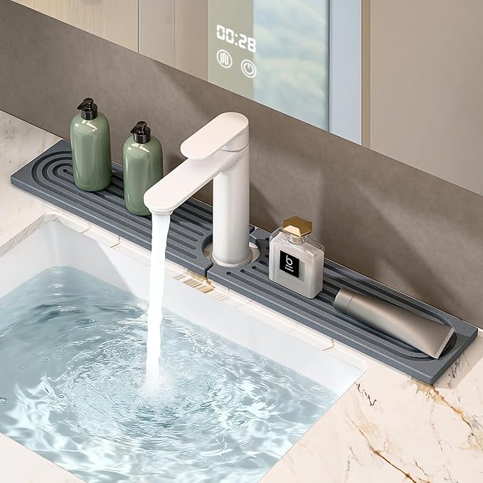 Faucet Mat for Kitchen Sink, Stone Drying Mat for Kitchen Counter, Stone Mat Bathroom, Kitchen Mat, Sink Mat, Water Absorbing Stone Tray for Sink, Bathroom Stone Mat (DARK GREY, 23.6*4")