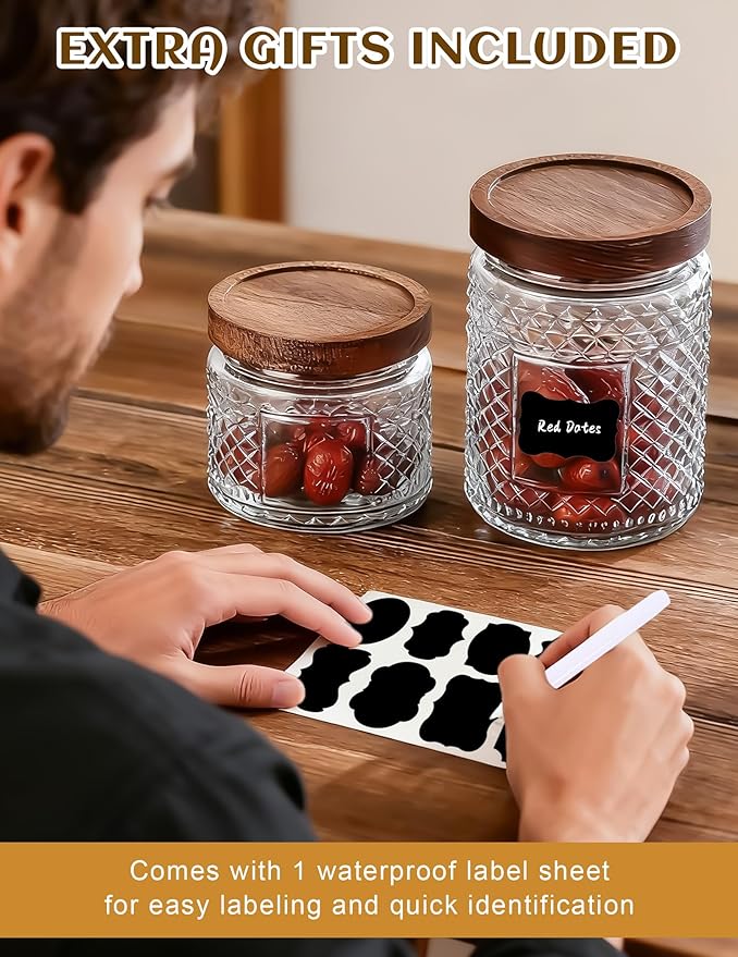 Glass Jar with Wood Lid and Label - 34 OZ Large Airtight Storage Container for Kitchen Pantry Bathroom Countertop, Decorative Vintage Canister for Candy, Cookie, Treat, Sugar, Coffee, Tea, Salt, Flour