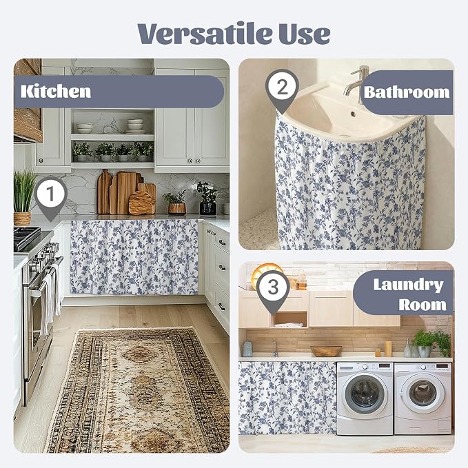 Blue Floral Sink Skirt for Bathroom, Self Stick Adhesive Waterproof Fabric, Cottagecore Under Sink Curtain Skirt, Pedestal Sink Accessories Decor