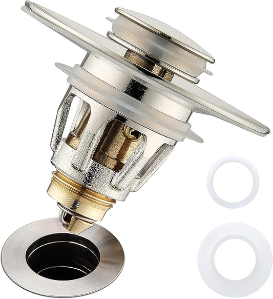 Bathroom Sink Drain Stopper for 1.1 to 1.5 inch Standard Drain Holes, Pop-up Sink Stoppers, Bullet Core Push Type Basin Drain Filter, Anti Clogging Stainless Steel Sink Strainer With Basket, Brushed