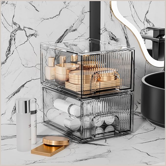 ZHIAI 2 Pack Clear Stackable Cosmetic Organizer, Acrylic Drawer, Plastic Organizer for Dresser, Vanity, Kitchen Cabinet, Pantry, Home Organization and Storage