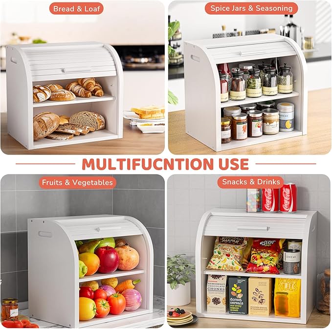 G.a HOMEFAVOR Bread Box: Large 2-Tier Bamboo Roll Top Bread Storage Container for Kitchen Counter, Bread Holder Food Bin for Countertop, Self-Assembly, White
