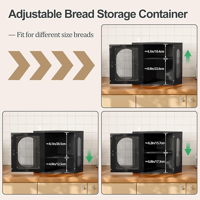 Alpeir Corner Bread Box for Kitchen Countertop, Thick Pine Wood Keep Freshness Longer, Adjustable Farmhouse Bread Storage Container with Window & Deli Papers for Homemade Bread, Baked, Black