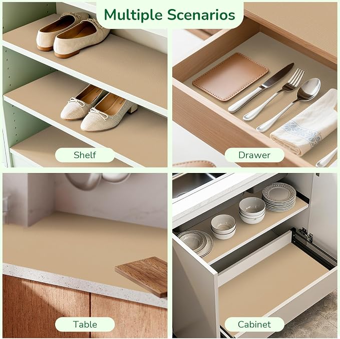 Drawer and Shelf Liner for Kitchen, Non-Slip Non-Adhesive Cabinet Liners for Cupboard, Dresser, Shelves, Tool Box, Pantry, Thickened Easy Install, Strong Grip, 17.5In x 10FT, Beige