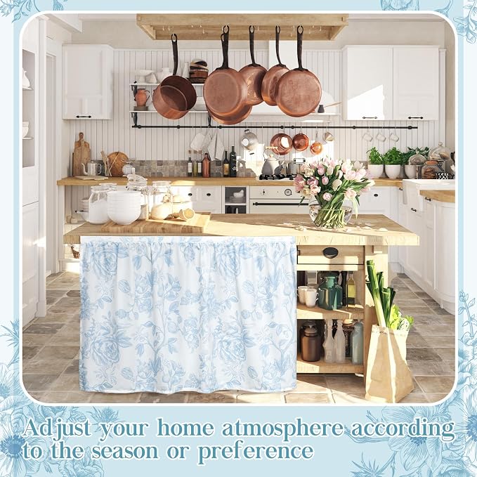 VitalCozy Cabinet Curtain 28" w x 35.4" L Sink Skirt for Bathroom Kitchen Blue Flower Floral Spring Short Curtain for Home Classroom Farmhouse Rustic Drape Under Desk Privacy Drape for Laundry Room