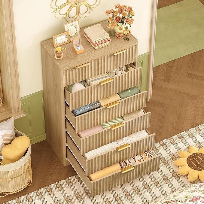 TEENFON 48" Tall Dresser for Bedroom with 7 Drawers, Dressers & Chests of Drawers with Metal Handle, Fluted Dresser, Wood Closet Clothes Storage Organizer for Bedroom, Hallway, Natural