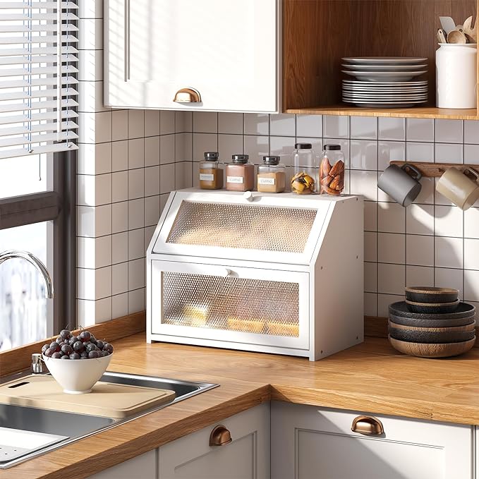 STDDRE Bread Box for Kitchen Countertop Bin Double Layer Bread Box Storage Container Extra Large Capacity Farmhouse with Diamond Pattern Windows (White, Large)
