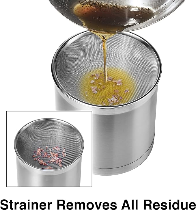 Oggi Stainless Steel Jumbo Grease Container with Removable Strainer and Snug Lid. Perfect container for fryer oil, bacon drippings, lard and ghee oil. Large capacity can - 1 Gall / (Pack of 3)