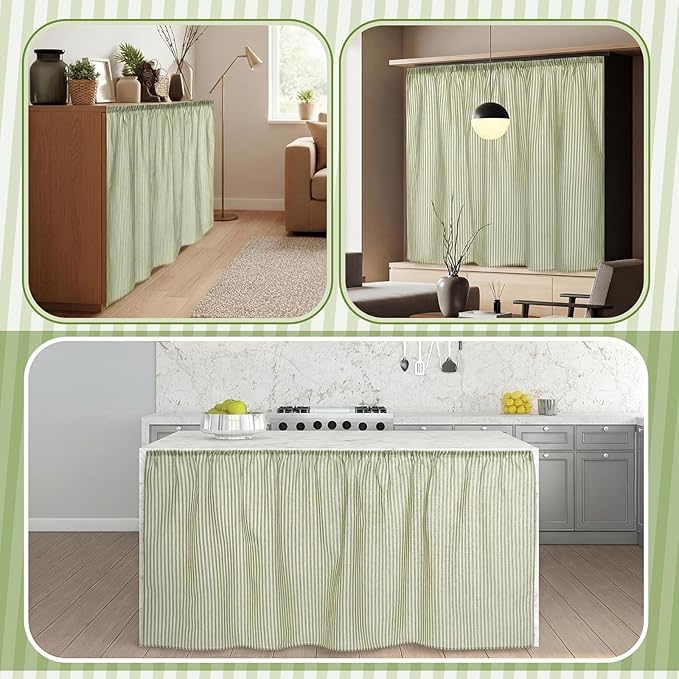 VitalCozy Cabinet Curtain 28" W x 51" L Sage Green Sink Skirt for Bathroom Kitchen Spring Green Strips Short Curtain for Home Classroom Drape Under Desk Privacy Drape for Laundry Room