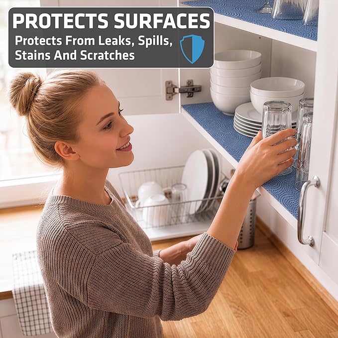Drymate Premium Luxury Shelf & Drawer Liner, Thick Cushioned Fabric, Non-Adhesive, Absorbent, Waterproof, Slip-Resistant, Liners for Kitchen Cabinets, Cupboards (USA Made)(12”x59”)(2-Pack)(Blue)
