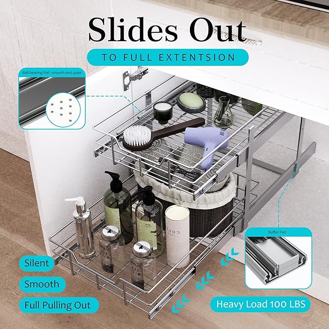 2 Tier Pull Out Cabinet Organizer 18" W X 22" D, Slide Out Drawers For Kitchen Cabinets, Pull Out Drawers For Cabinets Capacity Heavy Duty Caddy, Cabinet Pullout Shelves Chrome-Plated,Bathroom Pantry