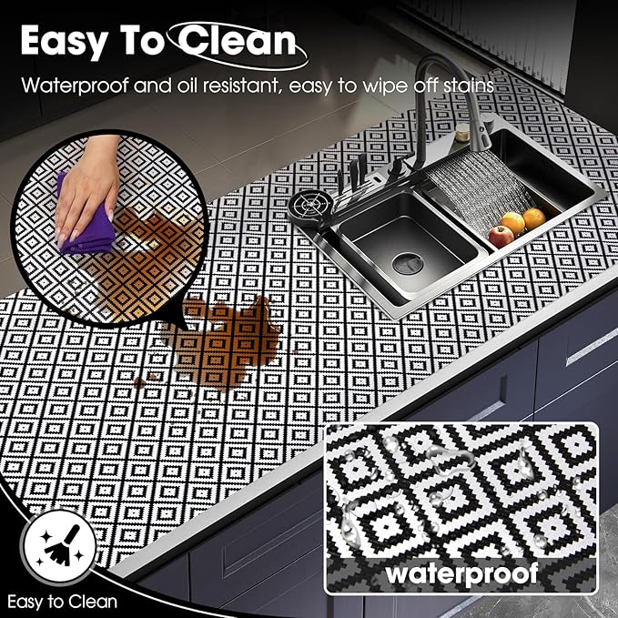 Drawer and Shelf Liner, Non-Slip Kitchen Cabinet Liners Non-Adhesive Thick Strong Grip Waterproof Washable Mats Protect Dresser Shelves Cupboard Bathroom Cabinets, Black & White, 12 in X 10 FT