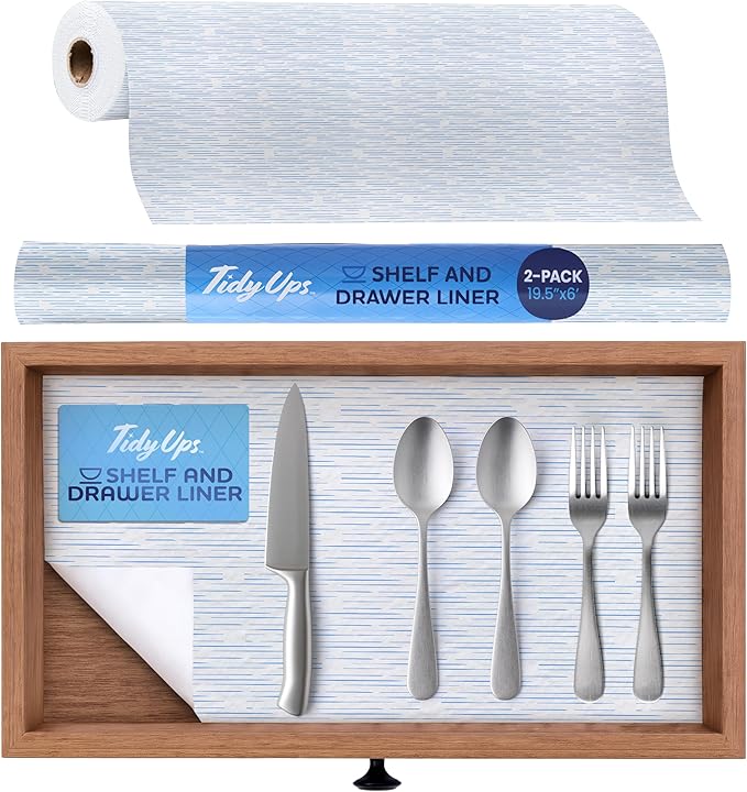 Adhesive Shelf Liner — Waterproof Felt Cabinet Liner & Contact Paper for Kitchen Organization — Soft Glide Drawer Liners, Under Sink Mat & Shelf Covers (Blue Current, 19.5in x 6ft, 2-Pack)
