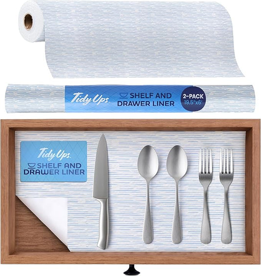 Adhesive Shelf Liner — Waterproof Felt Cabinet Liner & Contact Paper for Kitchen Organization — Soft Glide Drawer Liners, Under Sink Mat & Shelf Covers (Blue Current, 19.5in x 6ft, 2-Pack)