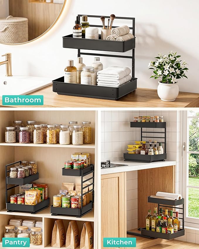 EVERIE Height Adjustable 2 Tier Metal Pull Out Slide Shelf Organizer for Under Sink Cabinets in Kitchen, Bathroom, with Snap-on Top Tray, 16" Deep (Black, 2 Sets) | Pull Out