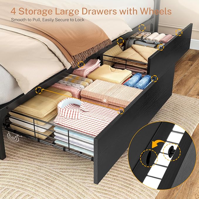 TEENFON Queen Bed Frame with 4 Storage Drawers and LED Lights, Upholstered Headboard with Shelves and Built in Charging Station, Metal Platform Noise-Free/No Box Spring Needed, Black