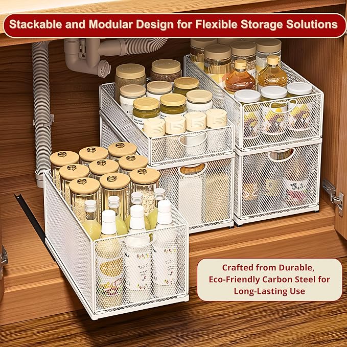 Pull Out Drawers for Cabinets Stackable or Single, Pull Out Cabinet Organizer, Adhesive Kitchen Cabinet Drawers Slide Out Pantry Shelves, Extra Rails