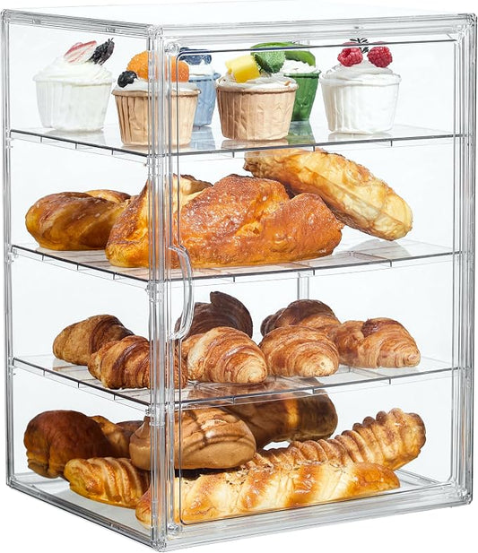 SANKEU Pastry Display Case,Bread Box for Kitchen Countertop,4 Layers Adjustable Clear Bread Storage with Magnetic Door Bakery Pastry Display15.5x11.4x9.8inch，1 Pack