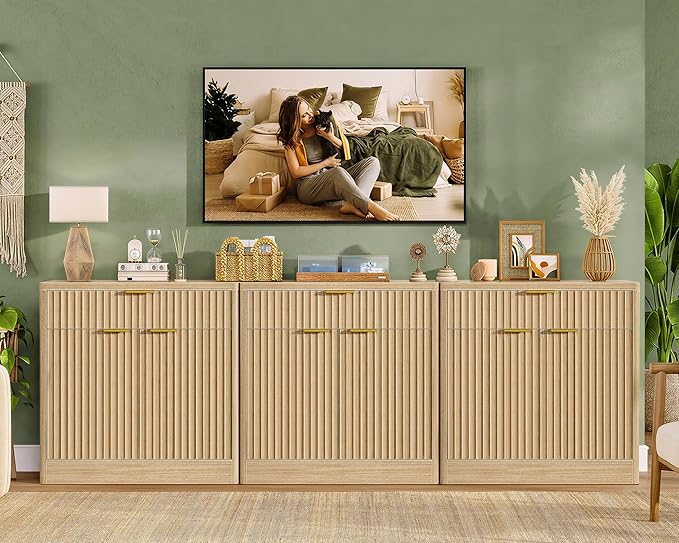 TEENFON 31.5" W Storage Cabinet with Drawer and Adjustable Shelf, Coffee Bar Cabinet, Fluted Sideboard Buffet Cabinet with 2 Doors for Living Room, Kitchen, Entryway, Natural
