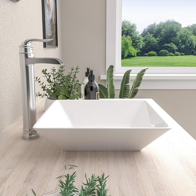 Mocoloo White Vessel Sink 16 x 16 Inch Square Ceramic Bathroom Sinks Above Counter Porcelain Vanity Top Sinks Square Countertop Modern Bathroom Sink 16 Inch Single Art Basin