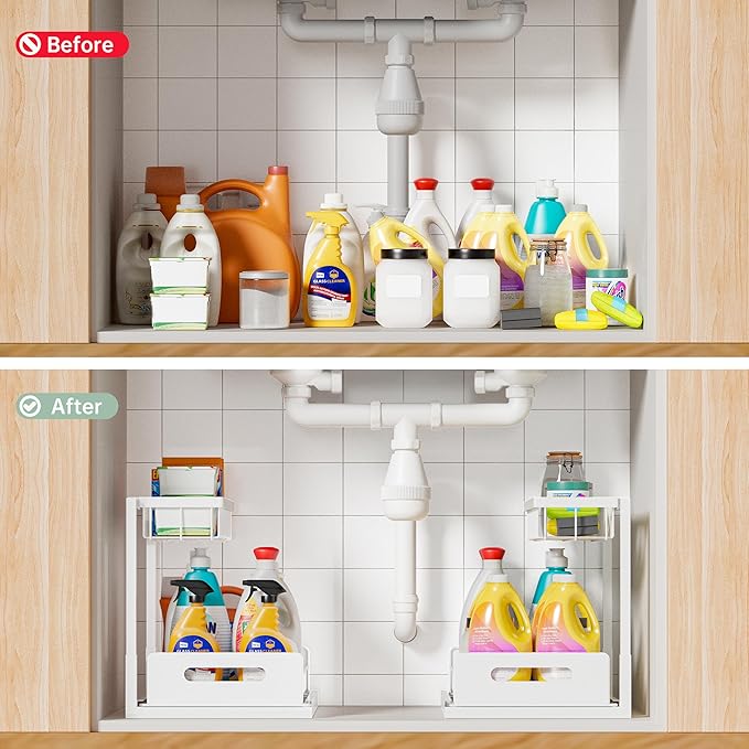 Under Kitchen Sink Organizer 2 Tier, Pull Out Bathroom Sink Organizers and Storage, Cabinet Kitchen Bathroom Storage Organization Shelf, 2 Pack White