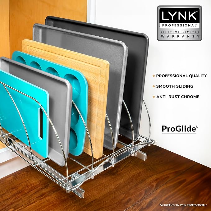 LYNK PROFESSIONAL® Pull Out Cookie Sheet Organizer for Cabinet – Baking Sheet Organizer – Sheet Pan Organizer - Lifetime Ltd. Warranty – 14” x 21” Deep Inside Cabinet, Chrome