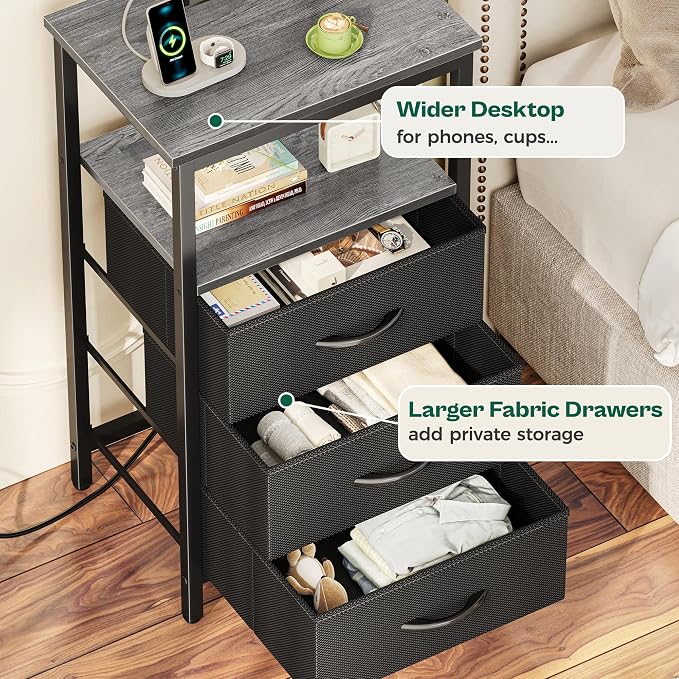 Huuger Night Stand with Charger Station and LED Lights, 3 Drawer Nightstand, Bed Side Table with Open Shelf, End Table, Tall Fabric Dresser for Bedroom, Grey