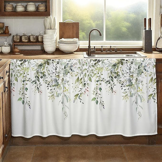 MUGINYU Cabinet Curtains 28" W x 51" L Sink Skirt for Bathroom,Green Leaves Short Curtains for Kitchen &Classroom,Farmhouse Spring Floral Boho Closet Dishwasher Curtain with Velcro