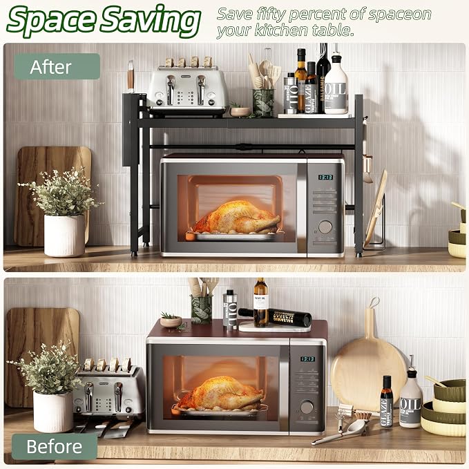 NETEL Expandable Microwave Stand with Cutting Board Holder and Knife Holder,2 Tier Metal Kitchen Countertop Organizer Shelves with 8 Hooks,Bakers Rack,55lbs Weight Capacity,Black