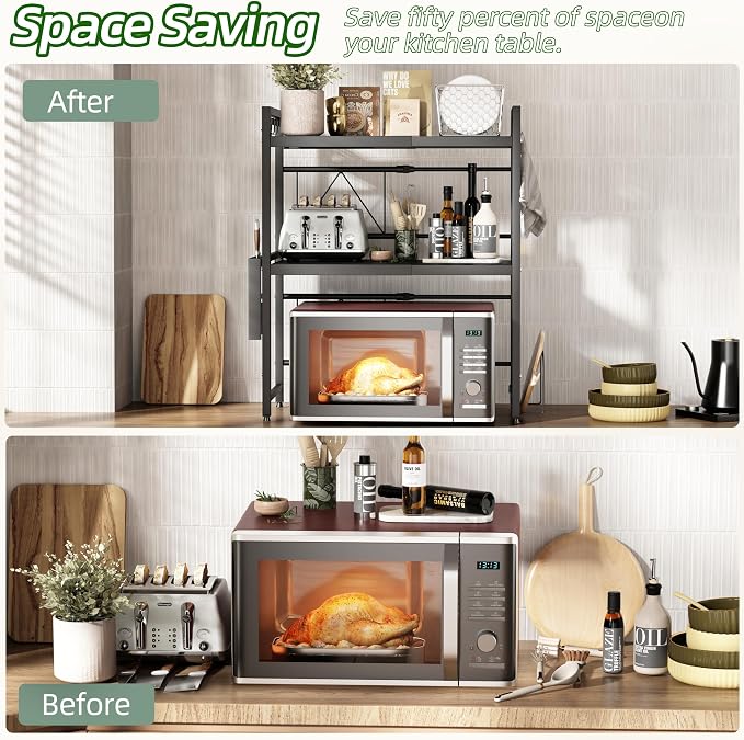 NETEL Expandable Microwave Stand with Cutting Board Holder and Knife Holder,3 Tier Metal Kitchen Countertop Organizer Shelves with 8 Hooks,Bakers Rack,110lbs Weight Capacity,Black