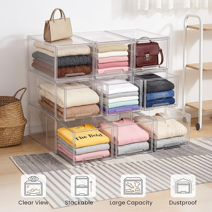 Large Clear Stackable Storage Drawers, 3 Pack Acrylic Organizer Bins for Closet, Bathroom, Kitchen, Pantry, Under Sink, Office, Laundry, Vanity, and Toy Organization, Durable Plastic, Smooth Pull-Out