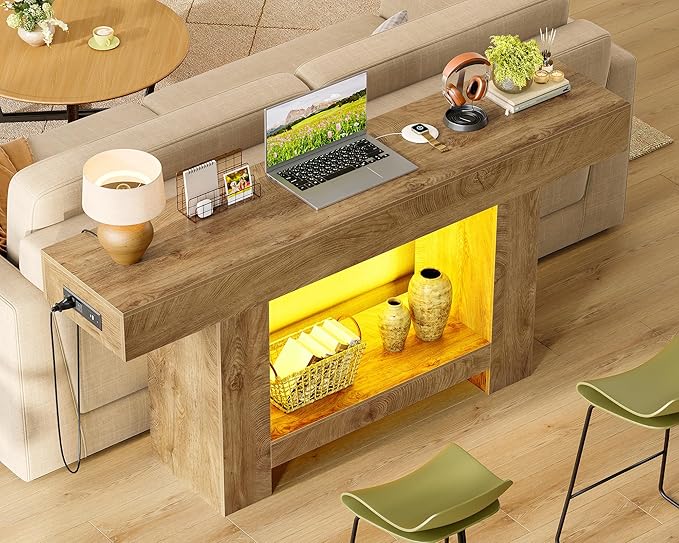 63" Long Console Table, Entryway Table with Charging Station and Adjustable LED Light, 2-Tier Sofa Table, Behind The Couch Table, Farmhouse Narrow Console Tables for Entryway, Living Room, Hallway