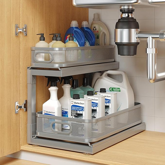 1 Pack-14.5"-15"IN Under Sink Organizers And Storage Height Adjustable,Mesh Under Cabinet Organizer For Kitchen,Bathroom-Gray