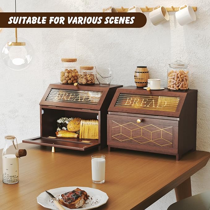 HOLTICO Double Layer Bread Box With Golden Trim for Countertop, Wooden Bread Container for Kitchen Counter, Corner Bread Storage, Brown