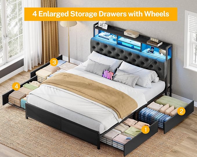 TEENFON Full Size Bed Frame with Storage 4 Drawers & LED Lights, Upholstered Headboard with Shelves and Built in Charging Station, Metal Platform Noise-Free/No Box Spring Needed, Black