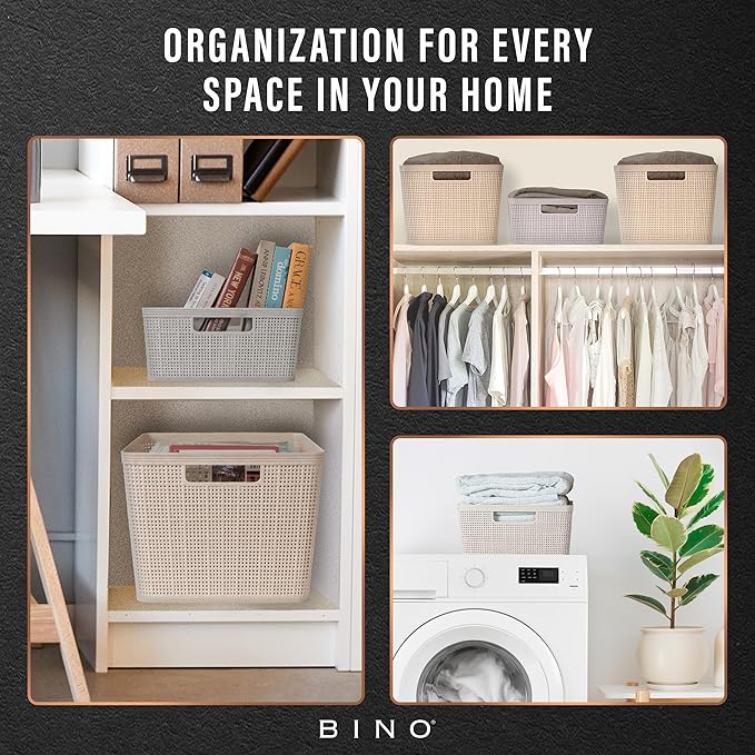BINO | Woven Plastic Basket | Small (Natural Grey), 4-Pack | THE JUTE COLLECTION | Home Organization, Space - Saving Storage, Stylish Design | Jute Basket | Plastic Storage Basket