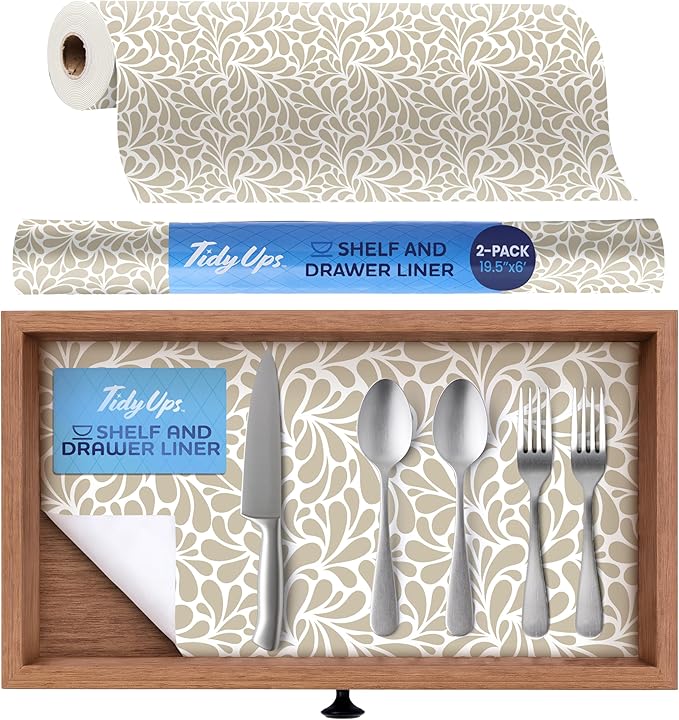 Adhesive Shelf Liner — Waterproof Felt Cabinet Liner & Contact Paper for Kitchen Organization — Soft Glide Drawer Liners, Under Sink Mat & Shelf Covers (Sandstone Petals, 19.5in x 6ft, 2-Pack)