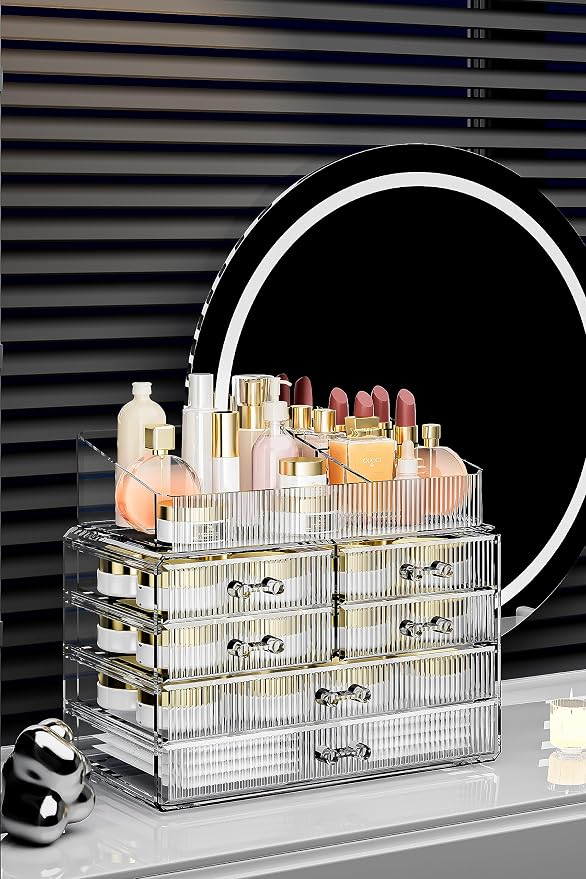 ZHIAI Stackable Storage Drawers, Acrylic Bathroom Counter Organizer Clear Makeup Organizers for Vanity, Kitchen Cabinets, Bathroom, Undersink, Home Organization and Storage (1 Top 6 Drawers)