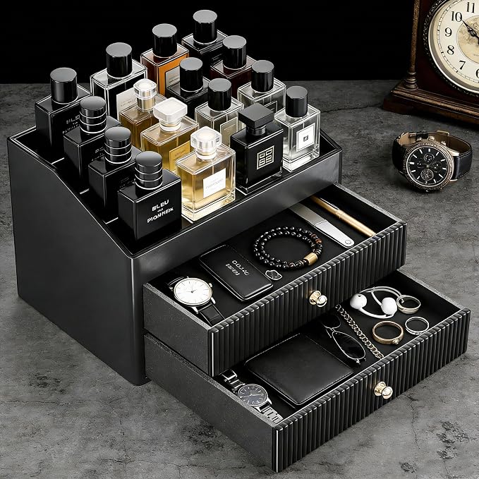 Cologne Organizer for Men, Black Cologne Stand, Organizador de Perfumes Gifts for Valentine's Day, Layer Mens Cologne Organizer for Bathroom, Mens Dresser Top Organizer for Bedroom