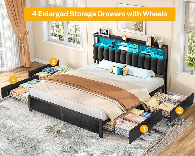 TEENFON Queen Bed Frame with 4 Storage Drawers and LED Lights, Upholstered Headboard with Shelves and Built in Charging Station, Metal Platform Noise-Free/No Box Spring Needed, Black