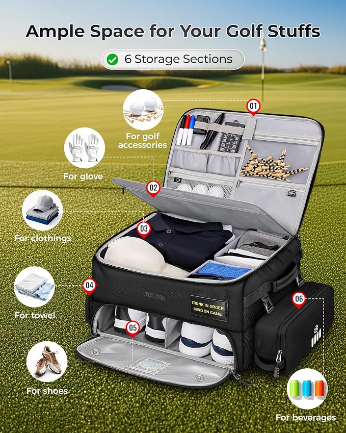 YOREPEK Upgraded Golf Trunk Organizer, Golf Gifts for Men, with Removable Insulated Pouch&Dust-Proof Protective Layer, Multi-Compartment fits 2 Pairs of Shoes, Golf Accessories
