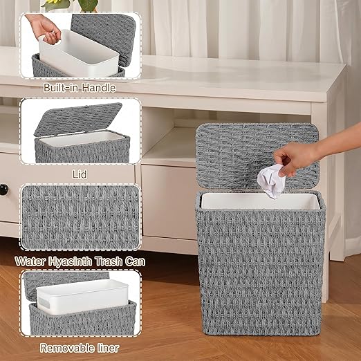 iEGrow Paper Rope Trash Can,Bathroom Trash Can with Lid, 3 Gallon Wicker Waste Basket with Removable Liner, for Bedroom, Living Room, Toilet, Under Sink Gray