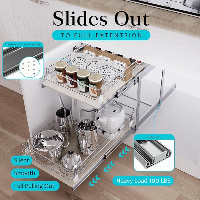 2 Tier Pull Out Cabinet Organizer 11" W X 22" D, Slide Out Drawers For Kitchen Cabinets, Pull Out Drawers For Cabinets Capacity Heavy Duty Caddy, Cabinet Pullout Shelves Wood Chrome, Pantry Storage