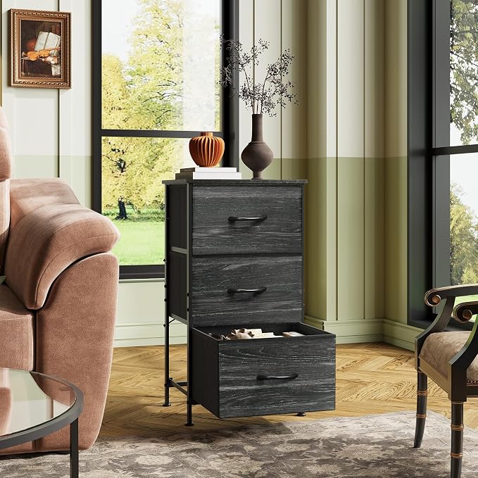 WLIVE Nightstand with 3 Drawers, Fabric Dresser, Organizer Unit, Storage Dresser for Bedroom, Hallway, Entryway, Closets, Steel Frame, Wood Top, Easy Pull Handle, Charcoal Black Wood Grain Print